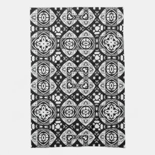 Arabesque Mosaic Tile Pattern Black and White Tea Towel