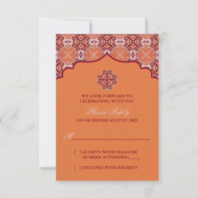 Arabesque Orange Red Indian Wedding RSVP Reply (Front)