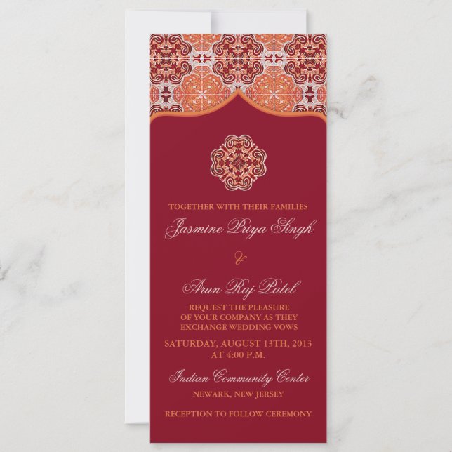 Arabesque Orange Red Indian Wedding Tea Length Invitation (Front)