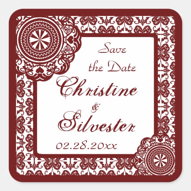 Arabesque Red Lace, save the date stickers (Front)
