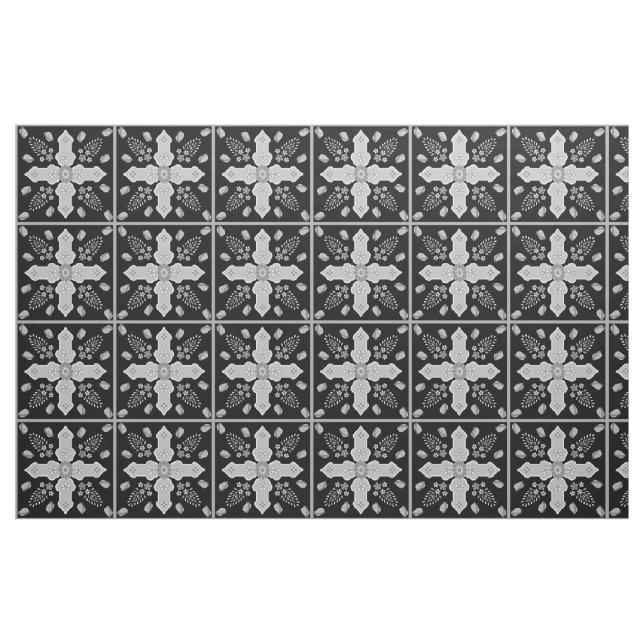 Arabesque Spring of Life Floral Cross Silver Black Fabric (Yard)