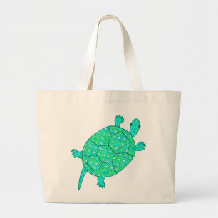 Arabesque swirl turtle - shades of seafoam green large tote bag