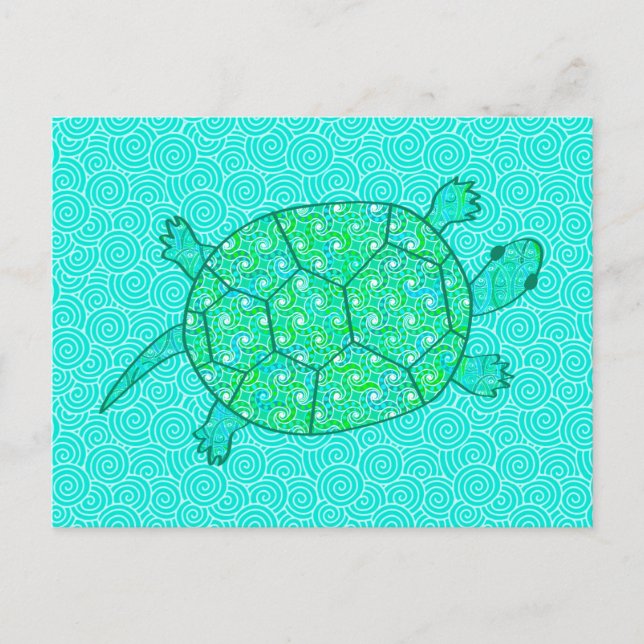 Arabesque swirl turtle - shades of seafoam green postcard (Front)
