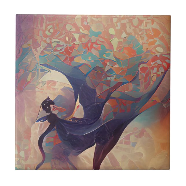 Arabesque tree turquoise dance digital art ceramic tile (Front)