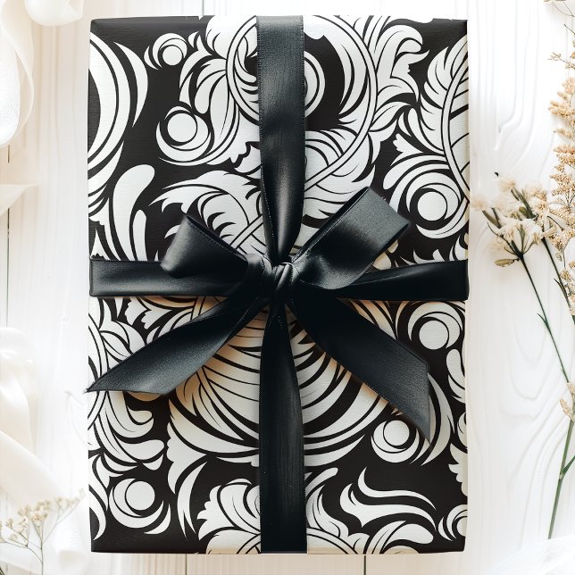 Arabesque Vintage Feathers Black and White Pattern Wrapping Paper (Creator Uploaded)