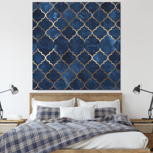 Arabesque Wall Art – Blue & Gold Geometric Pattern (Insitu(Bedroom))