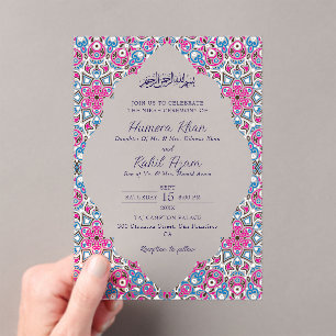 Arabian Arch Pink Navy Blue Ornate Muslim Wedding Acrylic Invitations