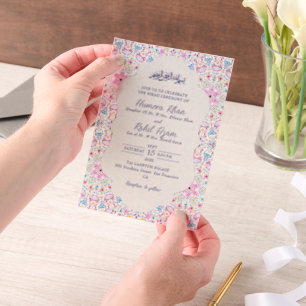 Arabian Arch Pink Navy Blue Ornate Muslim Wedding Vellum Invitations