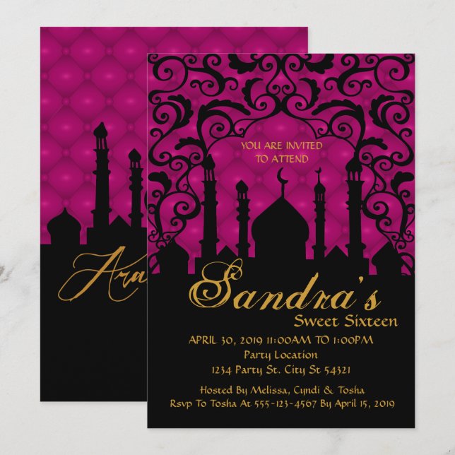 Arabian Nights, Fuchsia and Black Invitation (Front/Back)