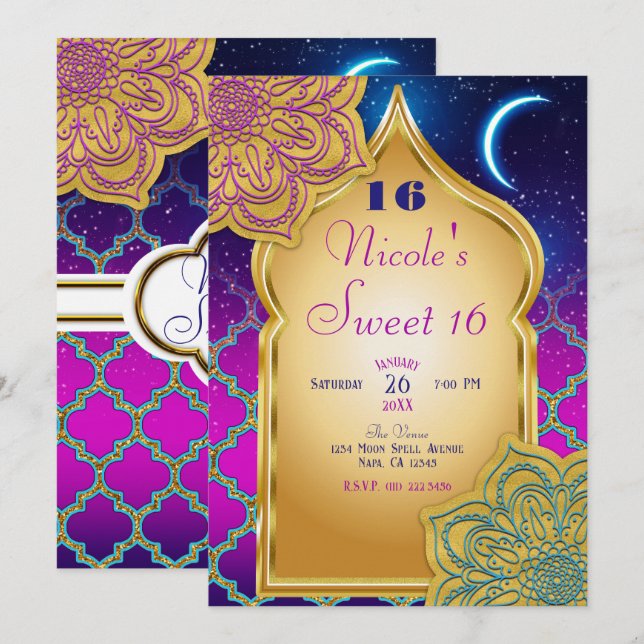 Arabian Nights Glam Gold Purple Birthday Party Invitation (Front/Back)