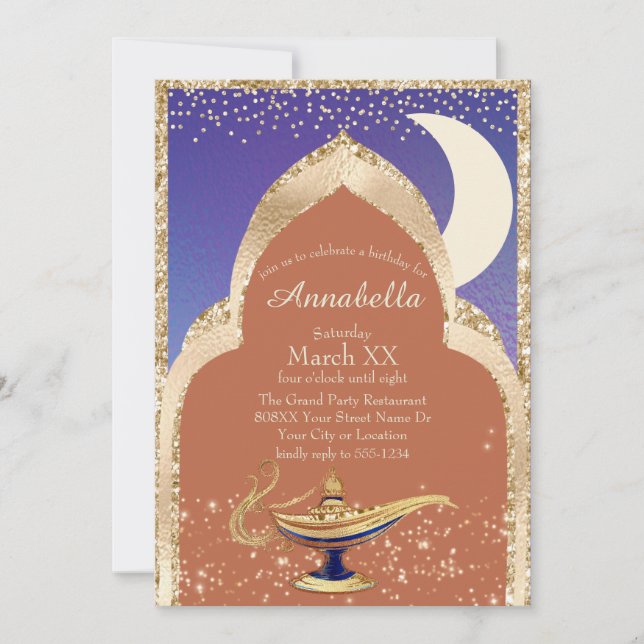 Arabian Nights Gold and Blue Aladdin Fairytale Invitation (Front)