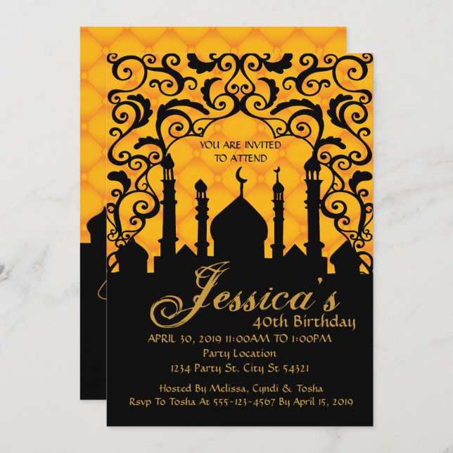 Arabian Nights, Gold Birthday Invitations (Front/Back)