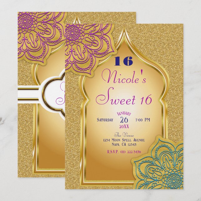 Arabian Nights Gold Sparkle Mandala Birthday Party Invitation (Front/Back)