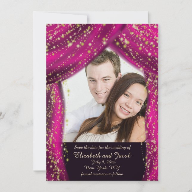 Arabian Nights Magenta & Gold Photo Save the Date (Front)