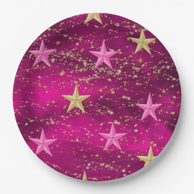 Arabian Nights Magenta & Gold Stars Paper Plate (Front)