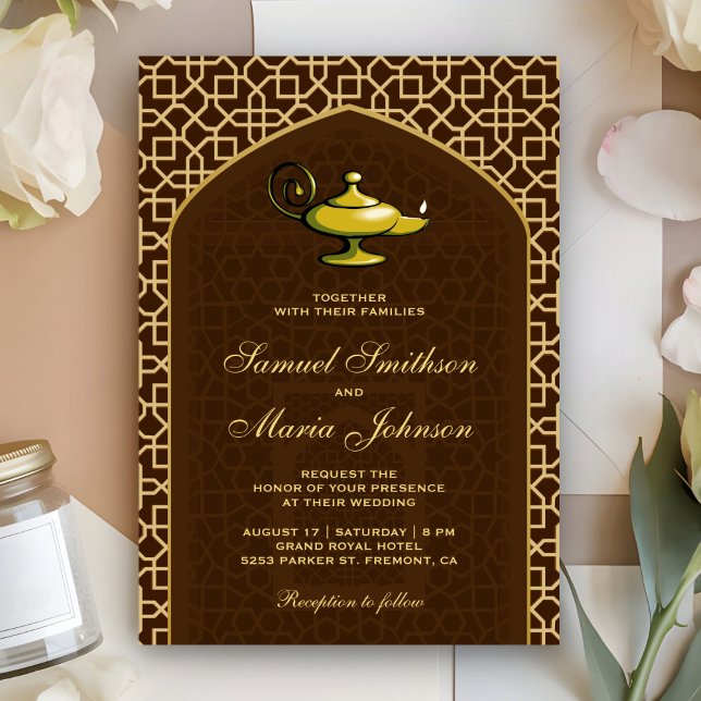 Arabian Nights Magic Lamp Brown Wedding Invitation (Creator Uploaded)