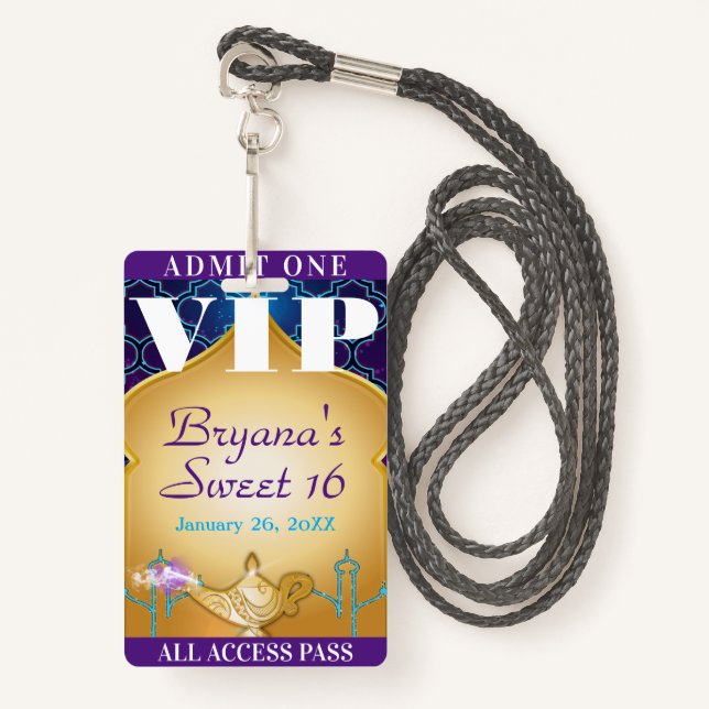 Arabian Nights Moroccan Party Sweet 16 VIP Pass ID Badge (Front with Lanyard)