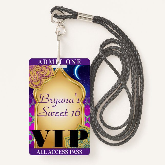 Arabian Nights Moroccan Party Sweet 16 VIP Pass ID Badge (Front with Lanyard)
