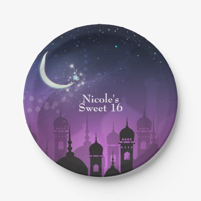Arabian Nights Moroccan Purple Moonlight Paper Plate (Front)