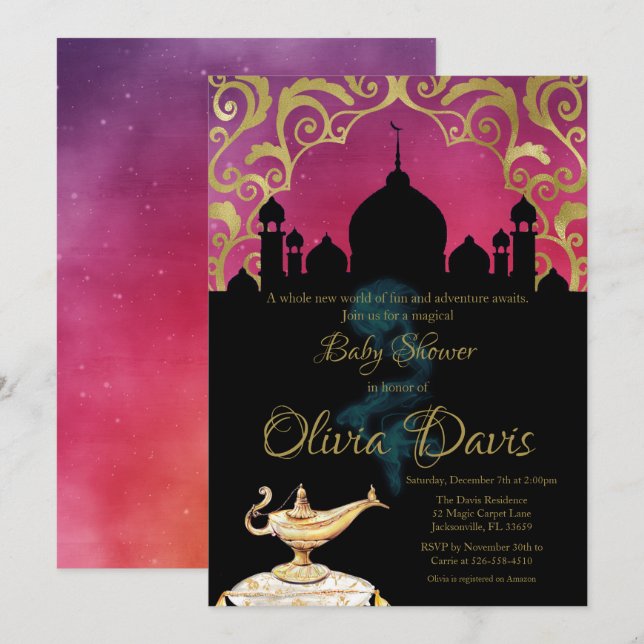 Arabian Nights Pink and Gold Baby Shower Invitation (Front/Back)