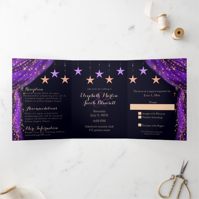 Arabian Nights Purple & Gold All in One Wedding Tri-Fold Invitation (Inside)