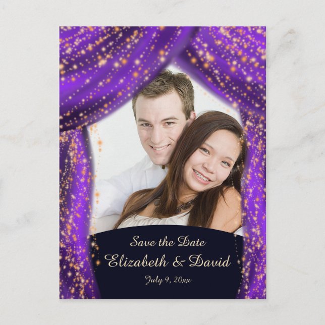 Arabian Nights Purple & Gold Photo Save the Date Postcard (Front)