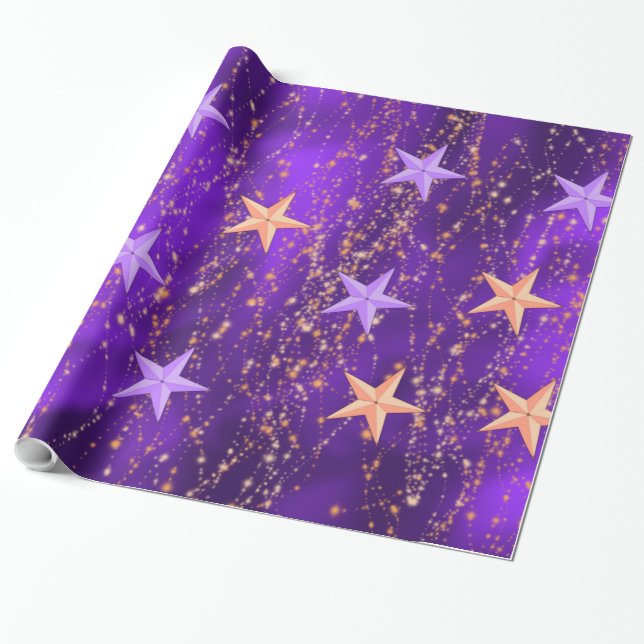 Arabian Nights Purple & Gold Stars Wrapping Paper (Unrolled)