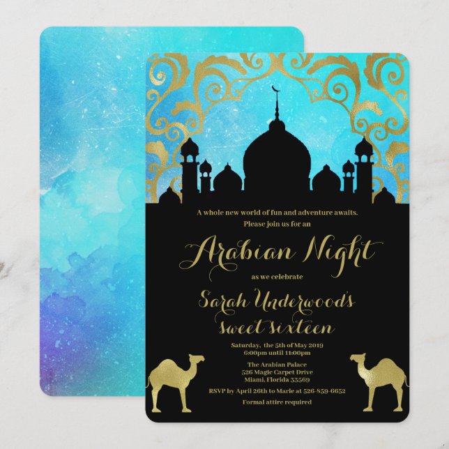 Arabian Nights Teal and Gold Birthday Invitation (Front/Back)