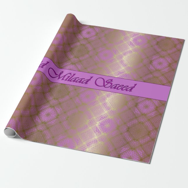 Arabic Birthday Radiant Orchid Mosaic Wrap Paper (Unrolled)
