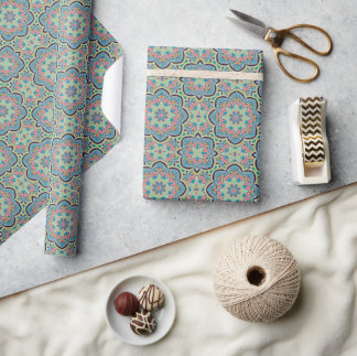 Arabic Boho Elegant Geometric Moroccan Blue Green Wrapping Paper