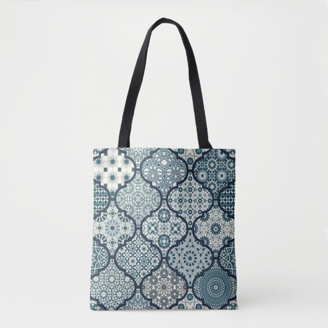 Arabic decorative azulejos tiles patchwork islamic tote bag (Front)