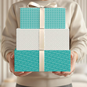 Arabic Eid Mubarak Cute Teal Star Pattern Quote Wrapping Paper Sheet