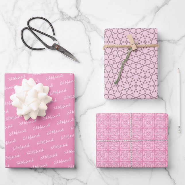 Arabic Eid Mubarak Kids Pink Star Pattern Quote Wrapping Paper Sheet (Front)