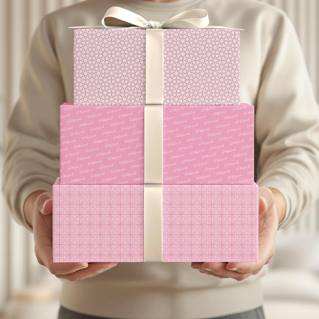 Arabic Eid Mubarak Kids Pink Star Pattern Quote Wrapping Paper Sheet (Creator Uploaded)