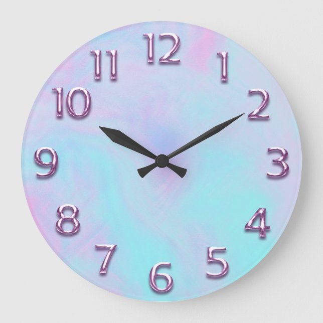 Arabic Number Pink Holograph Blue Abstract Large Clock (Front)