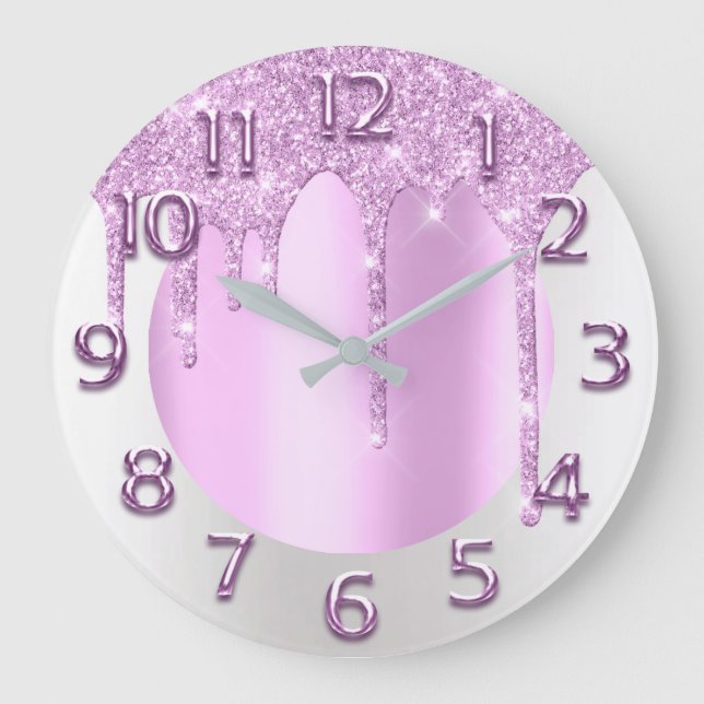 Arabic Numbers Elegant Drips Pink Glitter Gray Large Clock (Front)
