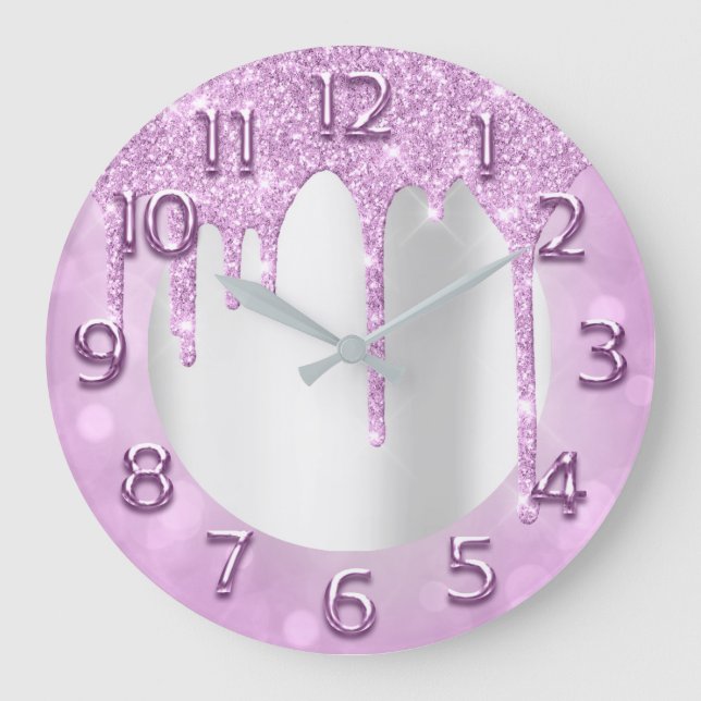 Arabic Numbers Elegant Drips Pink Glitter Grey Large Clock (Front)