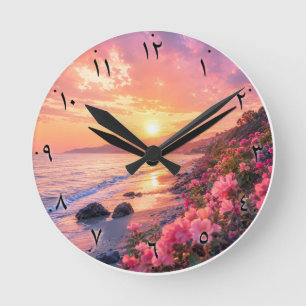 Arabic Numerals Sunset Beach Wall Clock Floral C