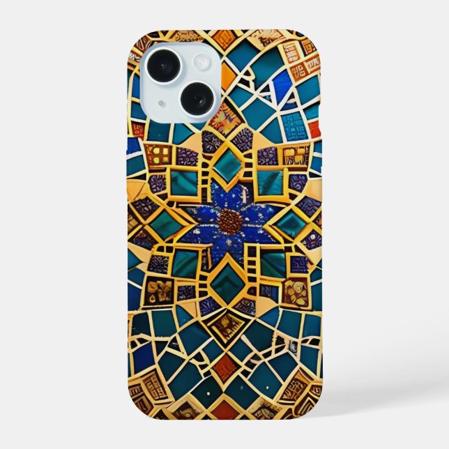 Arabic pattern in beige and turquoise blue  iPhone 15 case (Back)