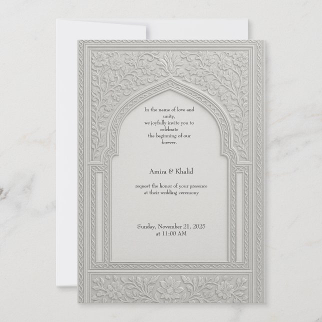 arabic Silver Embossed Floral Arch Wedding Invitation (Front)