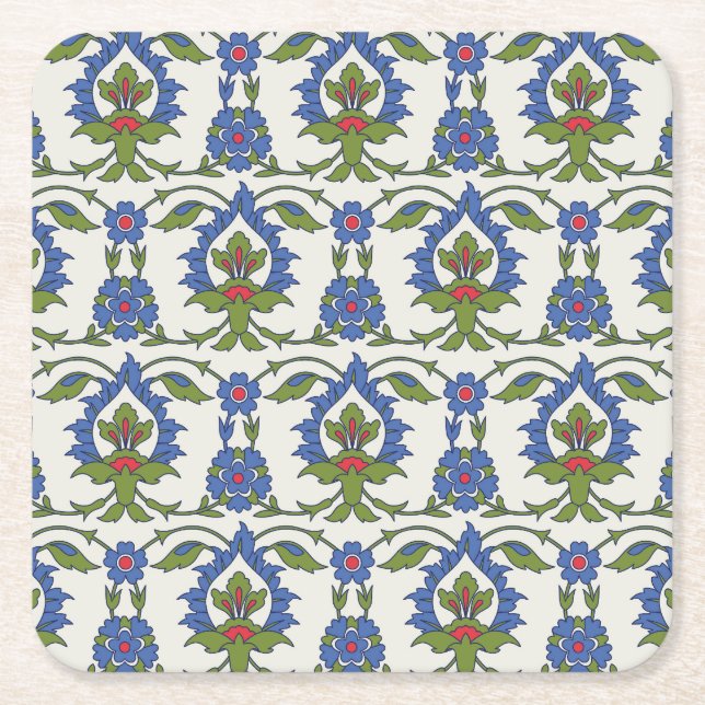 Arabic Traditional: Iznik Tile Seamless. Square Paper Coaster (Front)