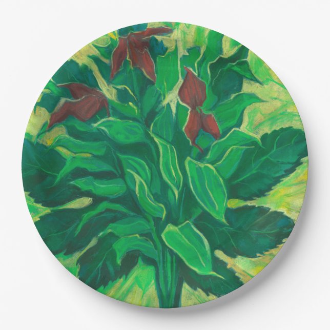 Aralia Leaf and Ochids Floral Art Pastel Painting  Paper Plate (Front)
