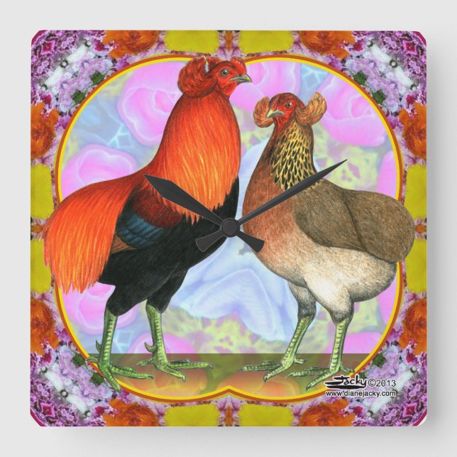 Araucana Chickens Art Nouveau Square Wall Clock (Front)