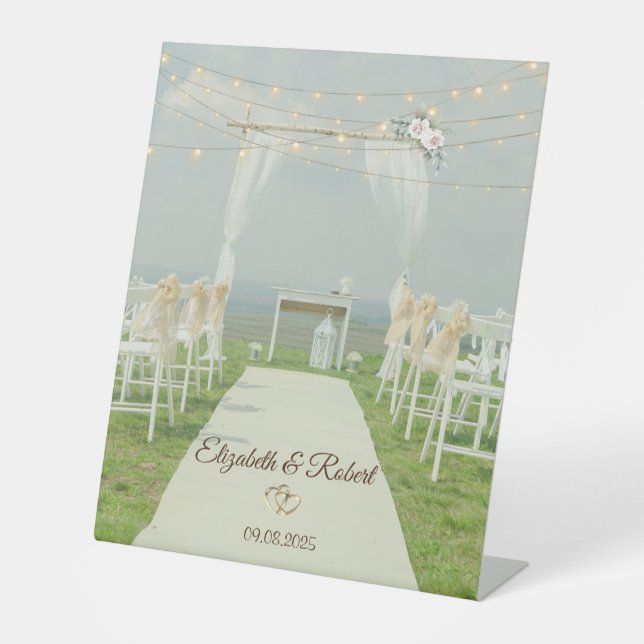 Arbor String Lights Beach Wedding Pedestal Sign (Front)