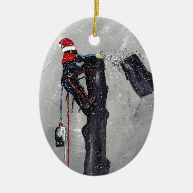 Arborist tree surgeon christmas card ceramic tree decoration (Front)
