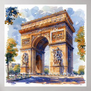 Arc de Triomphe Watercolor Travel Landmarks France Poster