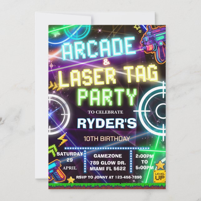 Arcade and laser tag party ALT1 Invitation (Front)