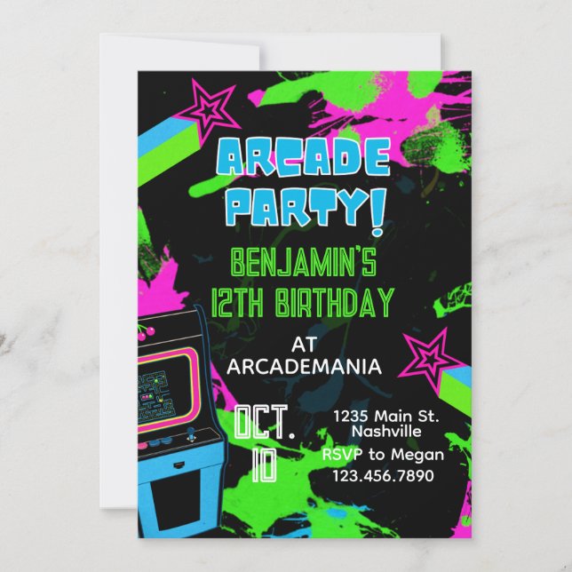 Arcade Birthday Gaming Party Glow Neon 80s Invitation (Front)