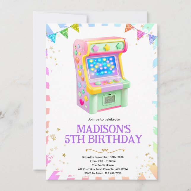 Arcade game girl party invitation (Front)
