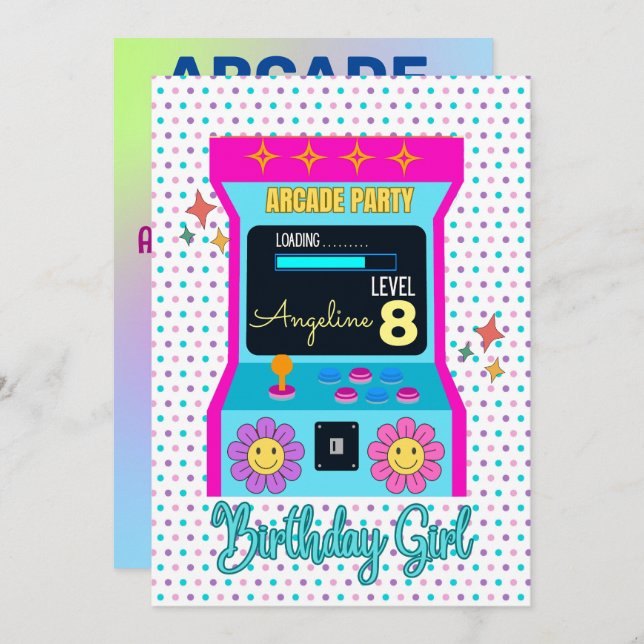 Arcade Game Retro Birthday Party Blue Pink Invitation (Front/Back)